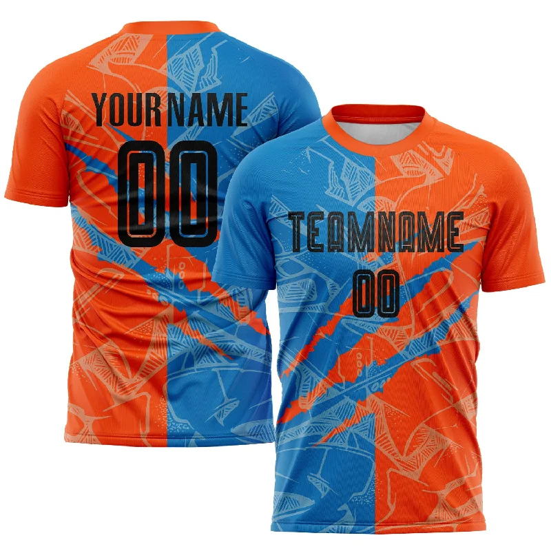 Football Jersey With Custom Patch Designs-Custom Graffiti Pattern Black Blue-Orange Scratch Sublimation Soccer Uniform Jersey