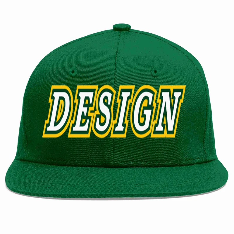 Baseball Cap For Custom Logos And Numbers-Custom Green White-Kelly Green Flat Eaves Sport Baseball Cap Design for Men/Women/Youth