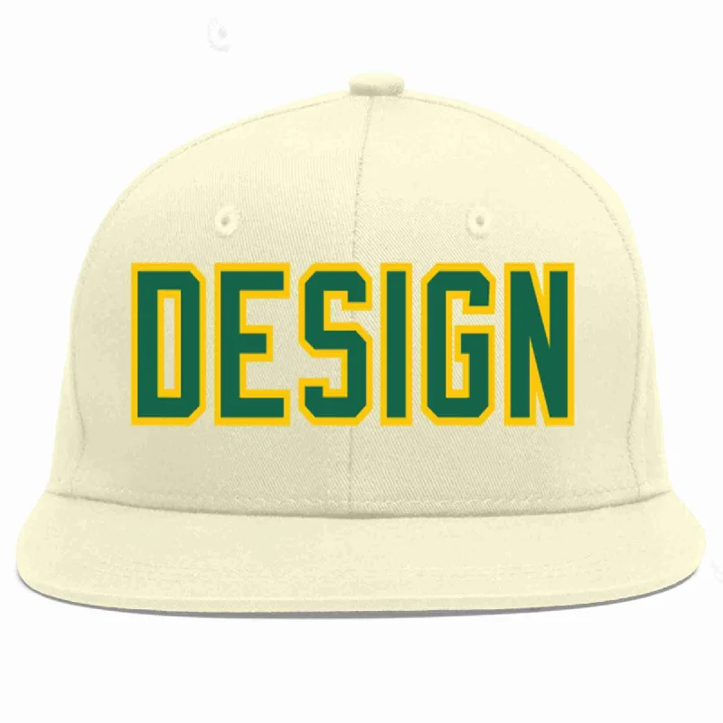 Baseball Cap For Retro Fan Gear-Custom Cream Kelly Green-Gold Flat Eaves Sport Baseball Cap Design for Men/Women/Youth