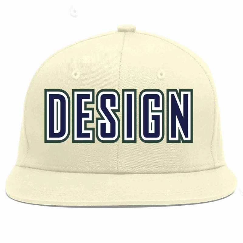 Baseball Cap With Player Number Embroidery-Custom Cream Navy-White Flat Eaves Sport Baseball Cap Design for Men/Women/Youth