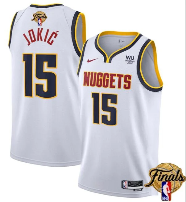 Basketball Jersey For Fan Event Customization-Nuggets 15 Nikola Jokic White 2023 Finals Patch Association Edition Swingman Basketball Jersey