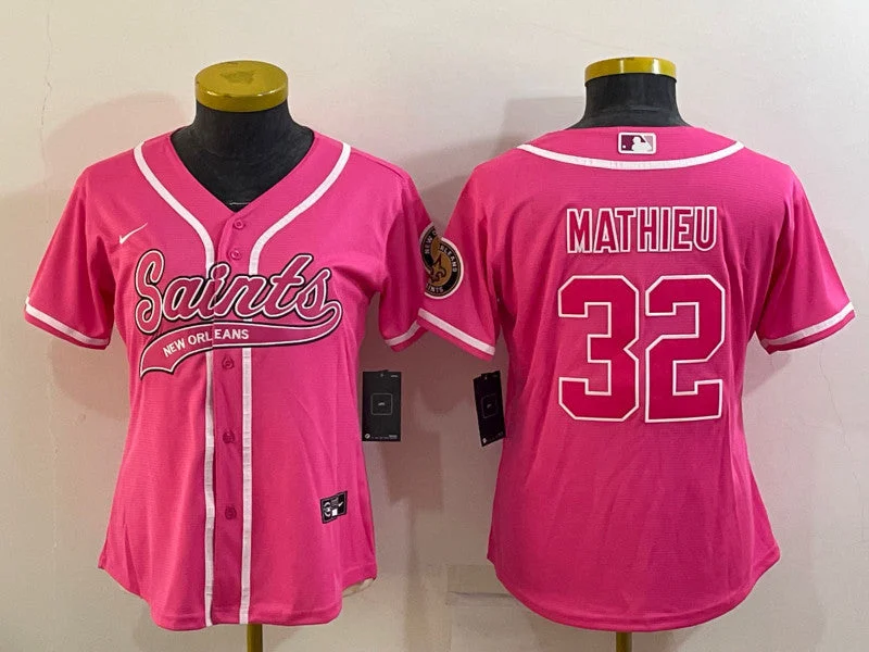 Baseball Jersey With Personalized Team Names-Women's New Orleans Saints #32 Tyrann Mathieu Pink With Patch Cool Base Stitched Baseball Jersey(Run Small)