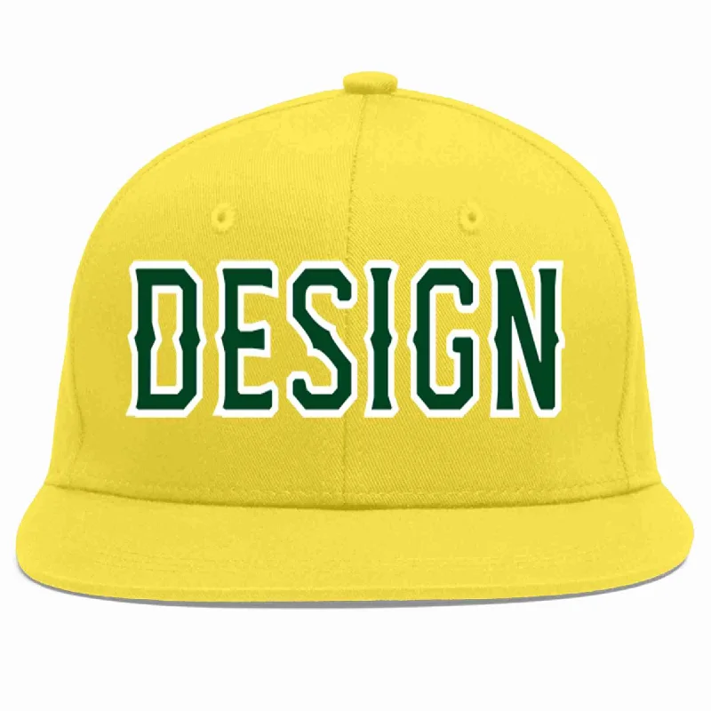 Baseball Cap For Professional Sports Fans-Custom Light Gold Green-White Flat Eaves Sport Baseball Cap Design for Men/Women/Youth