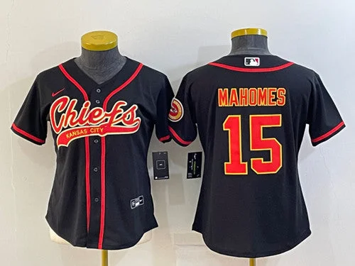 Baseball Jersey For Tournament Teams-Women's Kansas City Chiefs #15 Patrick Mahomes Black With Patch Cool Base Stitched Baseball Jersey(Run Small)