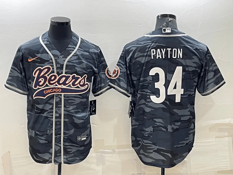 Baseball Jersey For Group Orders And Discounts-Men's Chicago Bears Blank #34 Walter Payton Grey Camo With Patch Cool Base Stitched Baseball Jersey