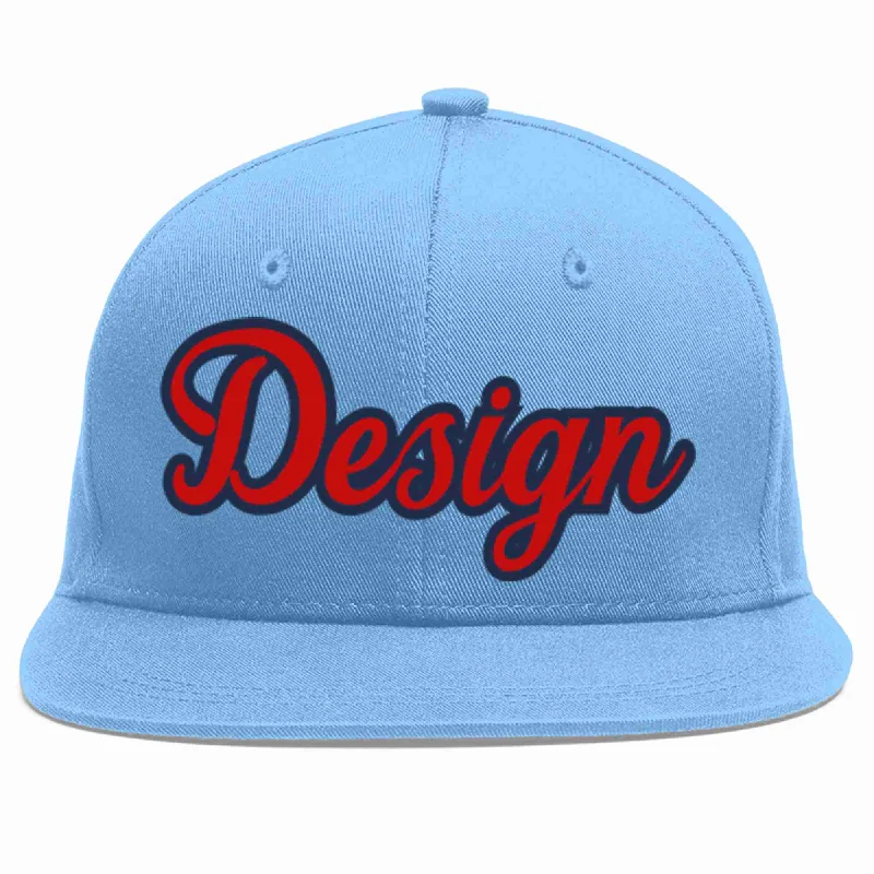 Baseball Cap For College Teams-Custom Light Blue Red-Navy Flat Eaves Sport Baseball Cap Design for Men/Women/Youth