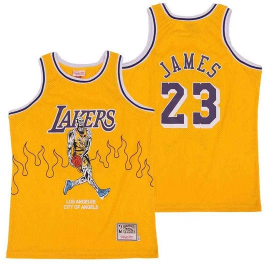 Basketball Jersey For Fundraising Campaigns-Lakers 23 Lebron James Yellow Hardwood Classics Skull Edition Basketball Jersey