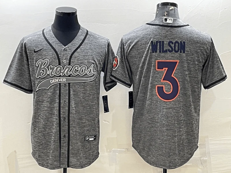 Baseball Jersey For Group Events-Men's Denver Broncos #3 Russell Wilson Grey Gridiron With Patch Cool Base Stitched Baseball Jersey