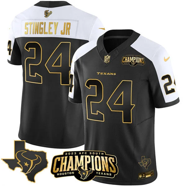 Football Jersey With Custom Name-Men's Houston Texans #24 Derek Stingley Jr. Black/White Golden 2023 F.U.S.E. With AFC South Champions Patch And Team Logo Patch Limited Football Stitched Jersey