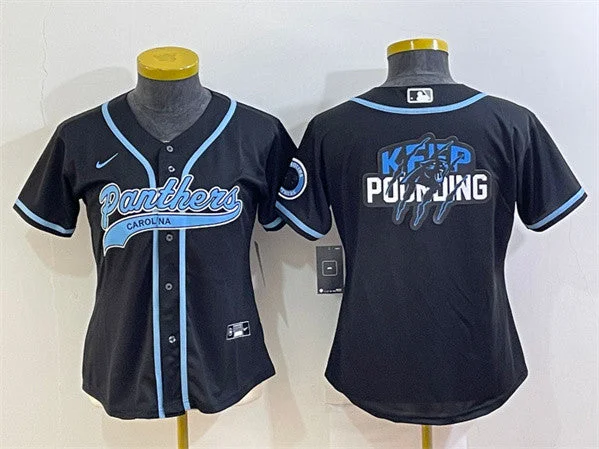 Baseball Jersey For Team Orders And Sales-Women's Carolina Panthers Black Team Big Logo With Patch Cool Base Stitched Baseball Jersey(Run Small)