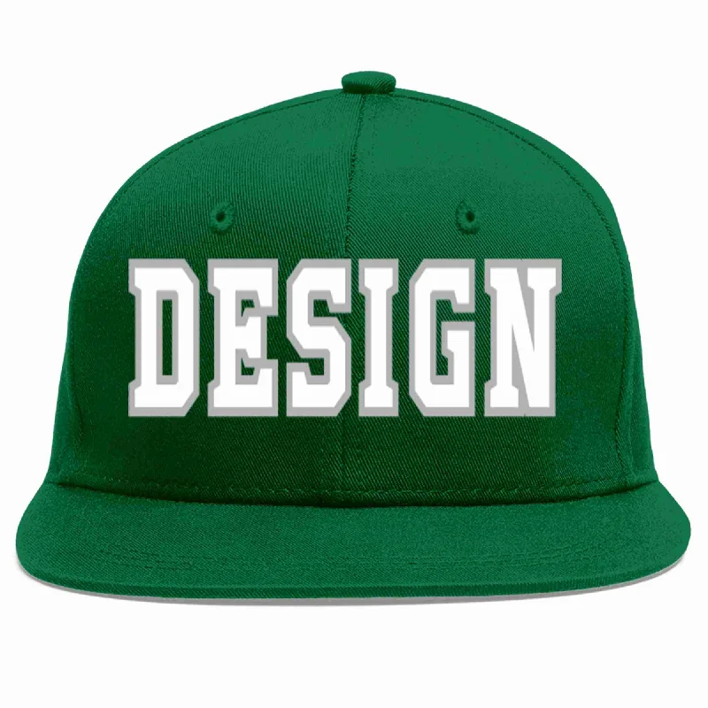 Baseball Cap For Custom Player Orders-Custom Green White-Gray Flat Eaves Sport Baseball Cap Design for Men/Women/Youth