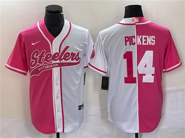 Baseball Jersey For Official Team Fan Gear-Men's Pittsburgh Steelers #14 George Pickens White Pink Split Cool Base Stitched Baseball Jersey