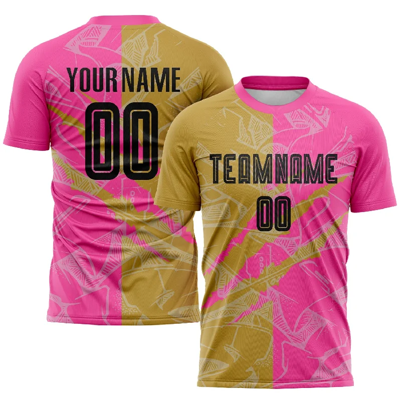 Football Jersey With Custom School Names-Custom Graffiti Pattern Black Old Gold-Pink Scratch Sublimation Soccer Uniform Jersey