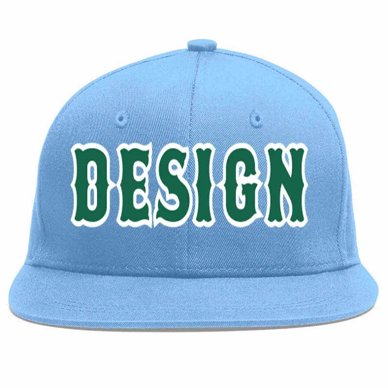 Baseball Cap For Customized Team Merchandise-Custom Light Blue Kelly Green-White Flat Eaves Sport Baseball Cap Design for Men/Women/Youth