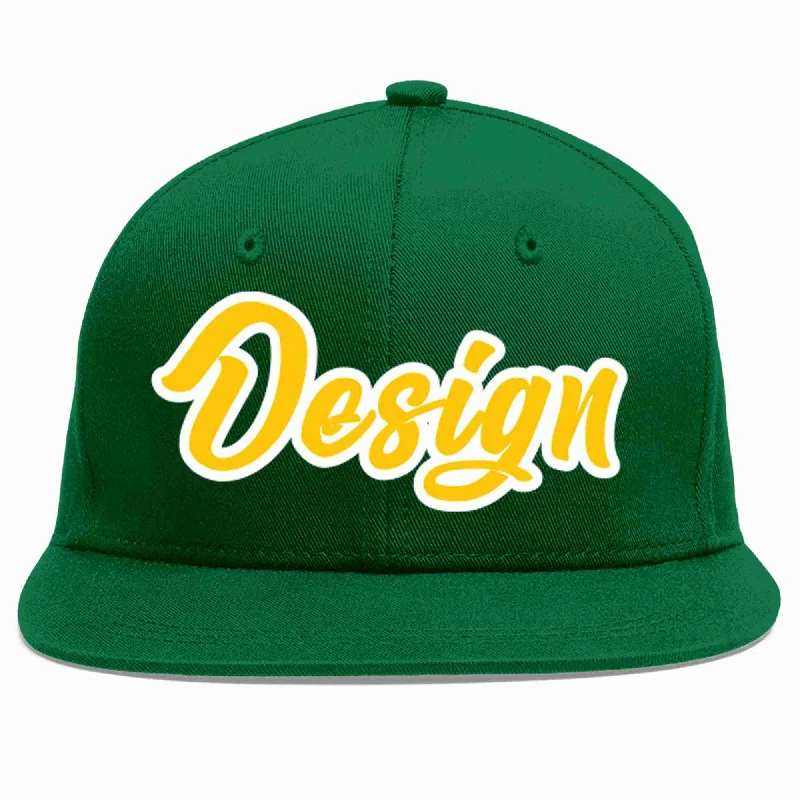 Baseball Cap For Team Merchandise-Custom Green Gold-White Flat Eaves Sport Baseball Cap Design for Men/Women/Youth