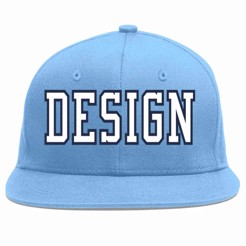 Baseball Cap For Practice Sessions-Custom Light Blue White-Navy Flat Eaves Sport Baseball Cap Design for Men/Women/Youth