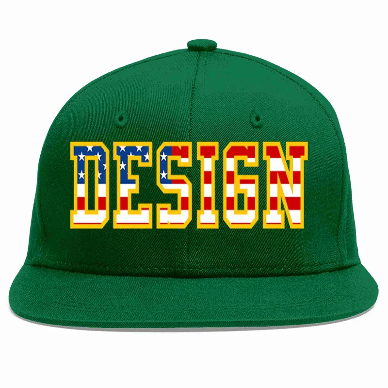 Baseball Cap For Fans-Custom Green Vintage USA Flag-Gold Flat Eaves Sport Baseball Cap Design for Men/Women/Youth