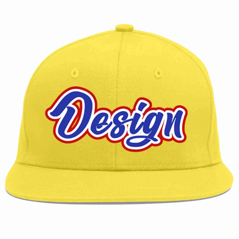 Baseball Cap For Fast-Pitch Leagues-Custom Light Gold Royal-White Flat Eaves Sport Baseball Cap Design for Men/Women/Youth