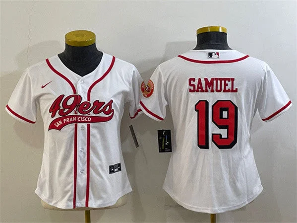 Baseball Jersey For College Tournament Teams-Women's San Francisco 49ers #19 Deebo Samuel New White With Patch Cool Base Stitched Baseball Jersey(Run Small)