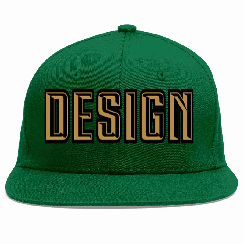 Baseball Cap For Tournament Winners-Custom Green Old Gold-Black Flat Eaves Sport Baseball Cap Design for Men/Women/Youth