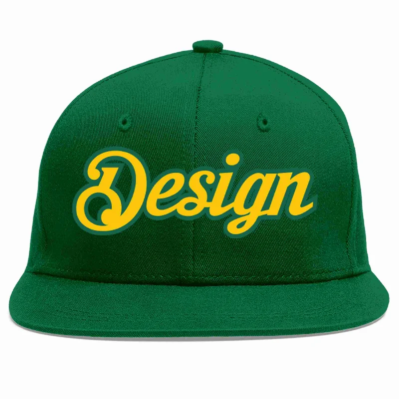 Baseball Cap For High School Teams-Custom Green Gold-Kelly Green Flat Eaves Sport Baseball Cap Design for Men/Women/Youth