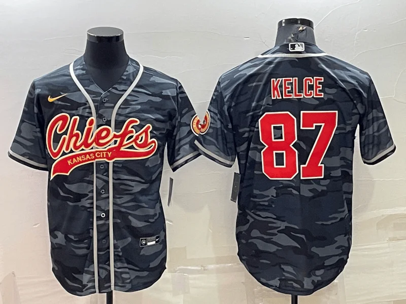 Baseball Jersey With Custom Embroidered Designs-Men's Kansas City Chiefs Blank #87 Travis Kelce Grey Navy Camo With Patch Cool Base Stitched Baseball Jersey