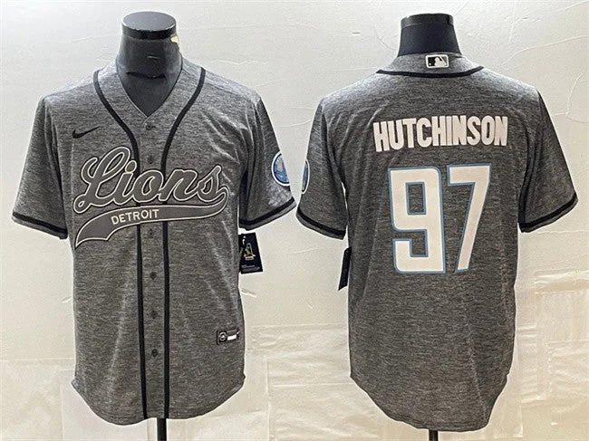 Baseball Jersey For High School Teams-Men's Detroit Lions #97 Aidan Hutchinson Gray Cool Base Stitched Baseball Jersey