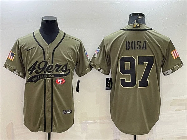 Baseball Jersey With Custom Embroidered Designs-Men's San Francisco 49ers #97 Nick Bosa 2022 Olive Salute to Service Cool Base Stitched Baseball Jersey