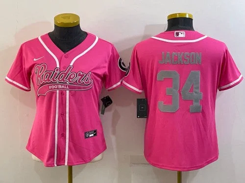 Personalized Baseball Jersey-Women's Las Vegas Raiders #34 Bo Jackson Pink Silver With Patch Cool Base Stitched Baseball Jersey(Run Small)