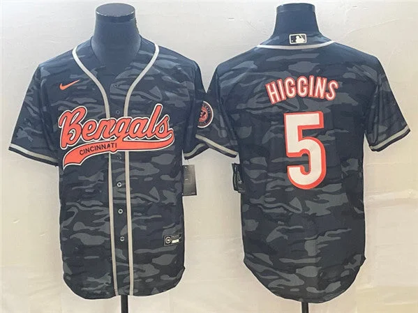 Baseball Jersey For Team Building Activities-Men's Cincinnati Bengals #5 Tee Higgins Gray Camo With Patch Cool Base Stitched Baseball Jersey