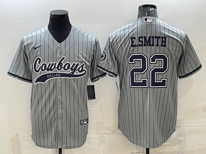 Baseball Jersey With Name And Number-Men's Dallas Cowboys #22 Emmitt Smith Grey With Patch Cool Base Stitched Baseball Jersey