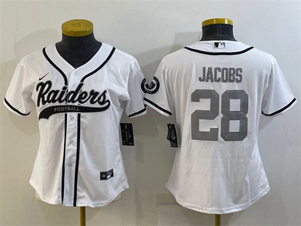 Baseball Jersey For Player Supporters-Women's Las Vegas Raiders #28 Josh Jacobs White Silver With Patch Cool Base Stitched Baseball Jersey(Run Small)