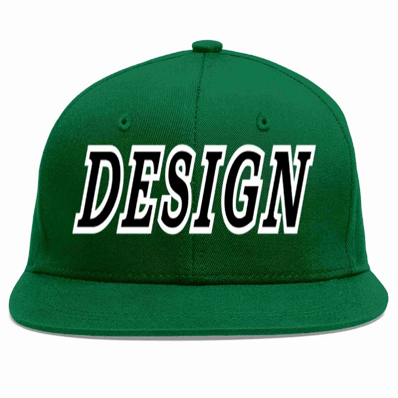 Baseball Cap For Professional Sports Fans-Custom Green Black-White Flat Eaves Sport Baseball Cap Design for Men/Women/Youth