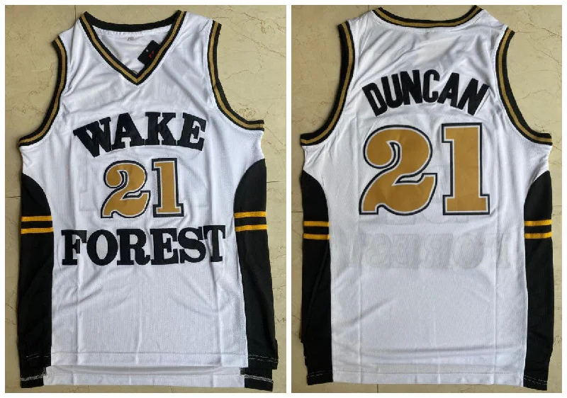 Basketball Jersey For High School Teams-Wake Forest Demon Deacons 21 Tim Duncan White College Basketball Basketball Jersey