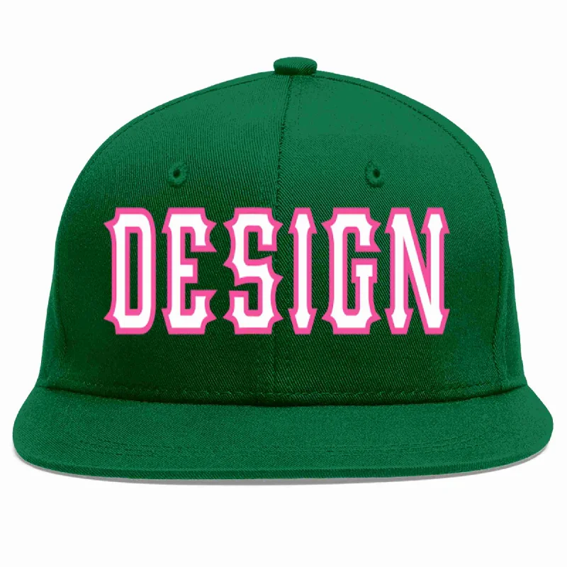 Baseball Cap For Unique Customization-Custom Green White-Pink Flat Eaves Sport Baseball Cap Design for Men/Women/Youth