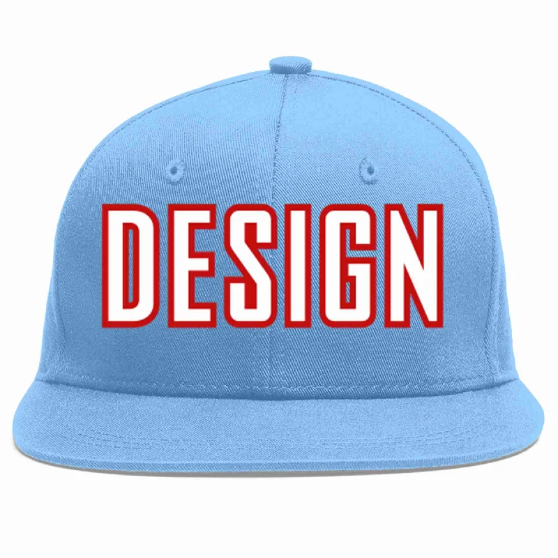 Baseball Cap For Comfortable Fit-Custom Light Blue White-Red Flat Eaves Sport Baseball Cap Design for Men/Women/Youth