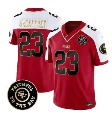 Football Jersey For Youth League Custom Orders-Men's San Francisco 49ers #23 Christian McCaffrey Red/White 2023 F.U.S.E. Faithful To The Bay Patch Football Stitched Jersey