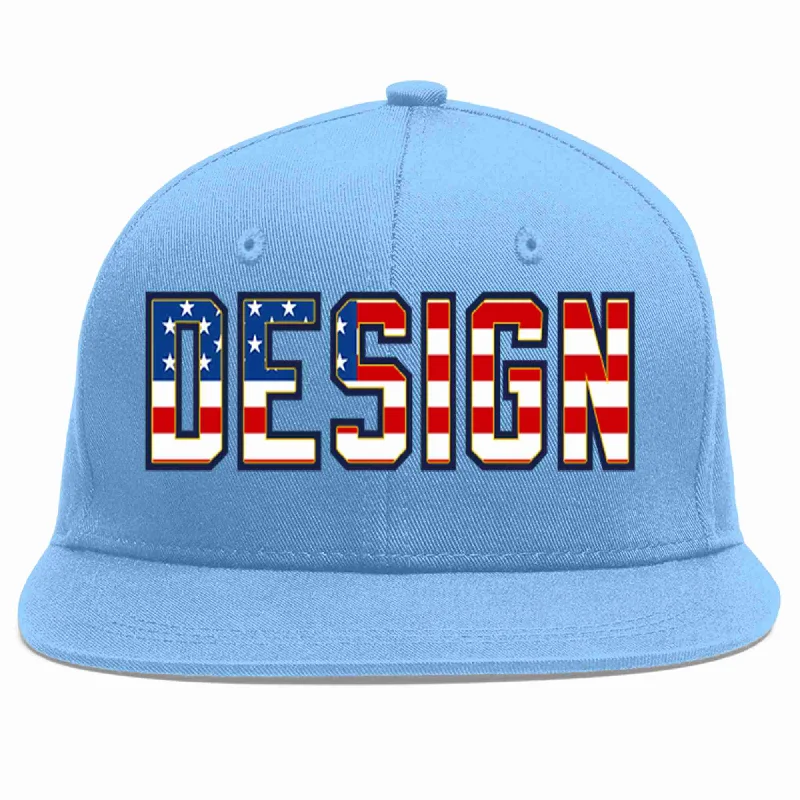 Baseball Cap For Professional Teams-Custom Light Blue Vintage USA Flag-Gold Flat Eaves Sport Baseball Cap Design for Men/Women/Youth