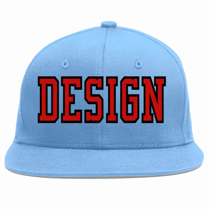 Baseball Cap For Fundraising Campaigns-Custom Light Blue Red-Black Flat Eaves Sport Baseball Cap Design for Men/Women/Youth