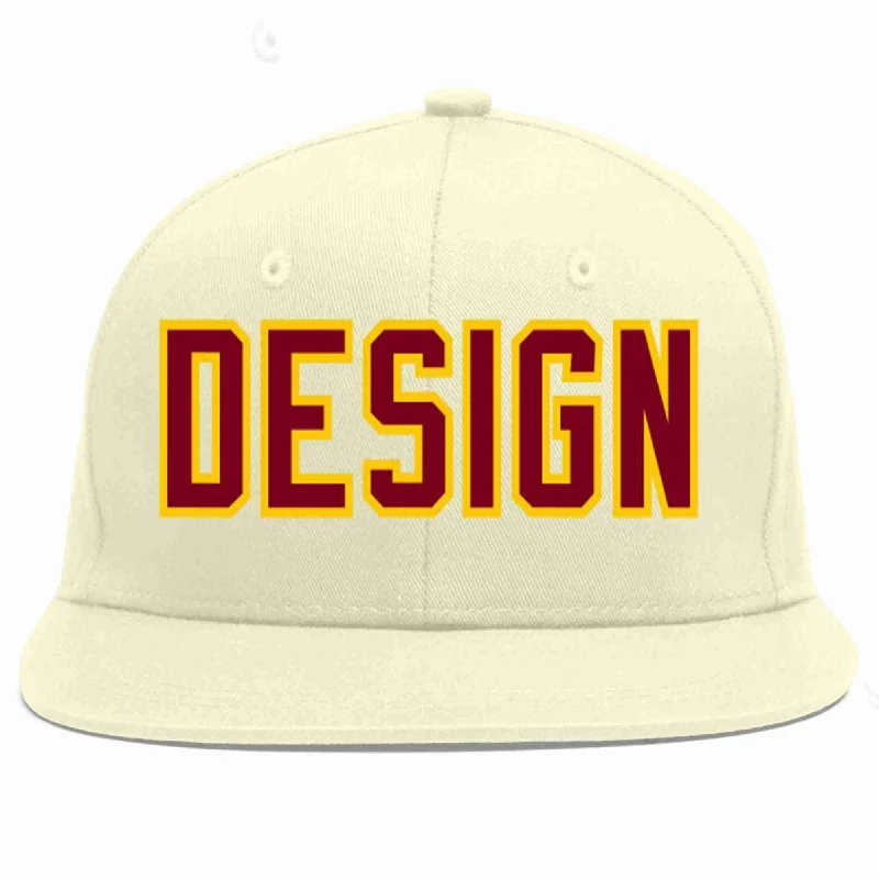 Baseball Cap For Daily Use-Custom Cream Crimson-Gold Flat Eaves Sport Baseball Cap Design for Men/Women/Youth