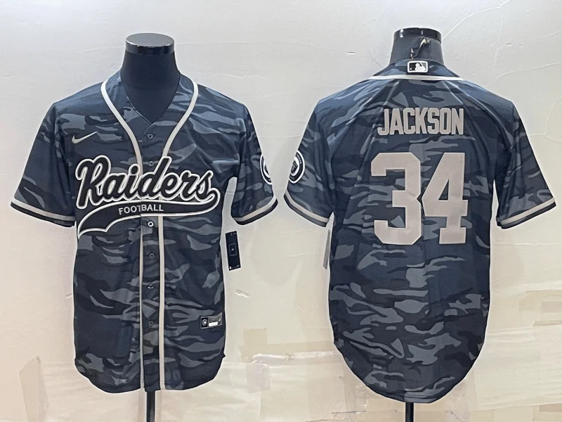 Baseball Jersey With Custom Player Names-Men's Las Vegas Raiders #34 Bo Jackson Grey Camo With Patch Cool Base Stitched Baseball Jersey