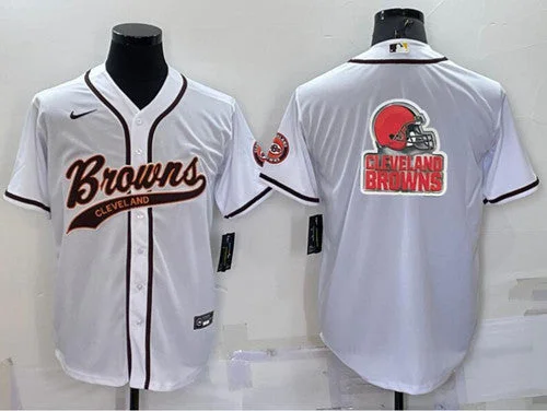 Baseball Jersey For Holiday Gifts-Men's Cleveland Browns White Team Big Logo With Patch Cool Base Stitched Baseball Jersey