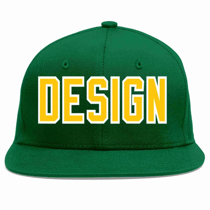 Baseball Cap For Official Teams-Custom Green Gold-White Flat Eaves Sport Baseball Cap Design for Men/Women/Youth