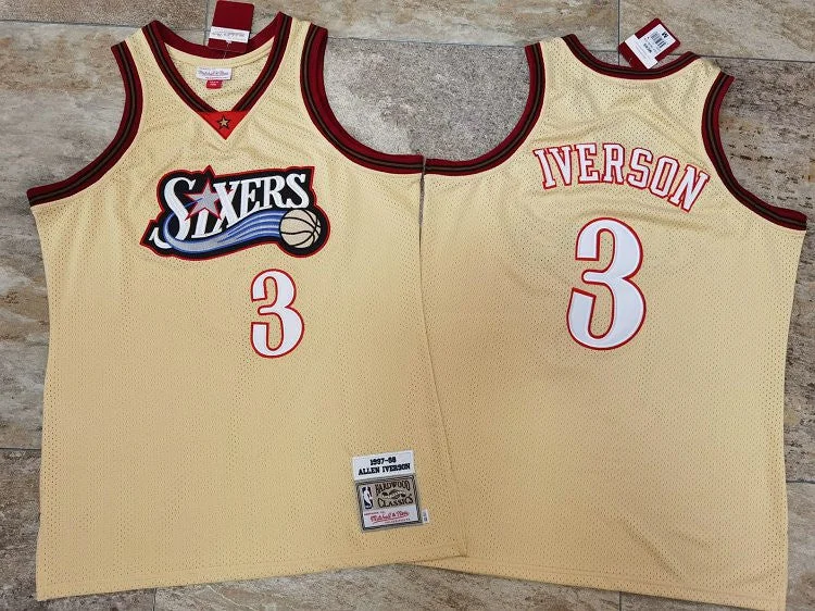 Basketball Jersey For Major League Teams-76ers 3 Allen Iverson Gold 1997-98 Hardwood Classics Basketball Jersey