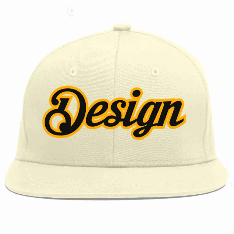 Baseball Cap For School Teams-Custom Cream Black-Yellow Flat Eaves Sport Baseball Cap Design for Men/Women/Youth