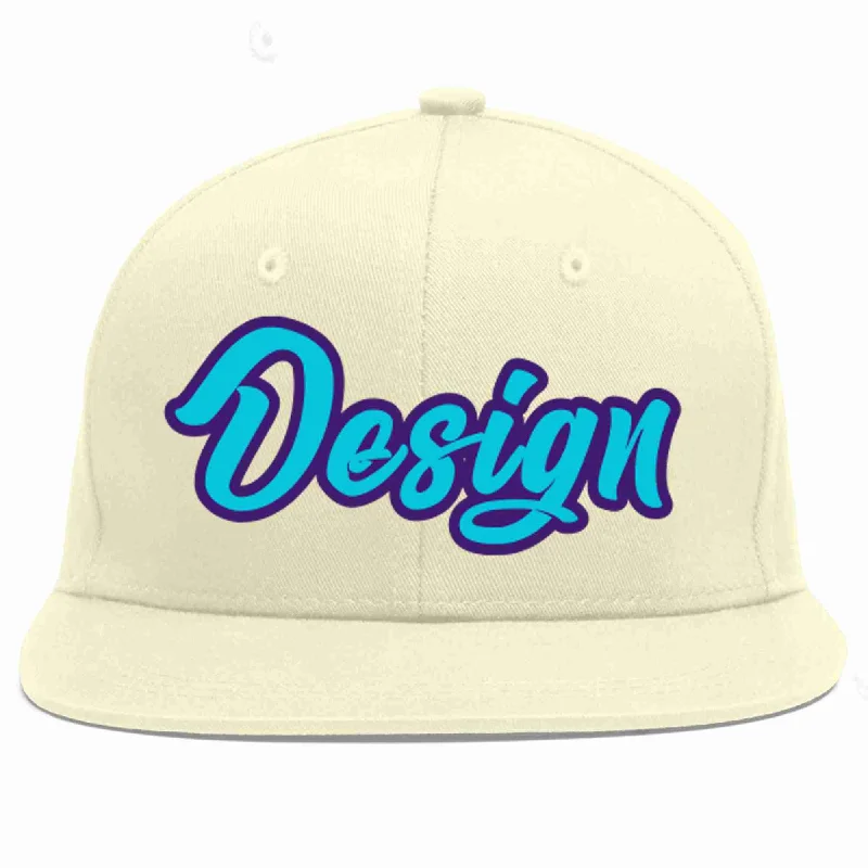 Baseball Cap For Custom Fitting-Custom Cream Light Blue-purple Flat Eaves Sport Baseball Cap Design for Men/Women/Youth