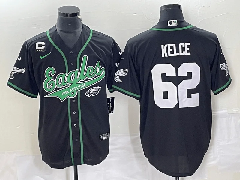 Baseball Jersey For Youth League Custom Orders-Men's Philadelphia Eagles #62 Jason Kelce Black C Patch Cool Base Stitched Baseball Jersey