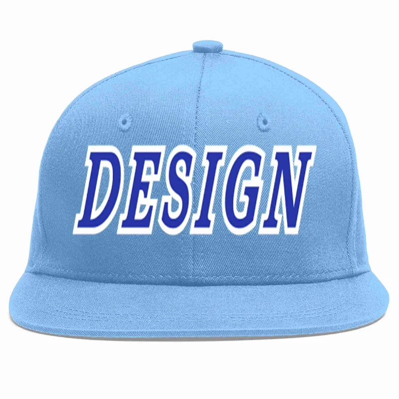 Baseball Cap For Comfortable Outdoor Wear-Custom Light Blue Royal-White Flat Eaves Sport Baseball Cap Design for Men/Women/Youth