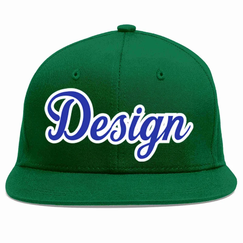 Baseball Cap For Special Events-Custom Green Royal-White Flat Eaves Sport Baseball Cap Design for Men/Women/Youth