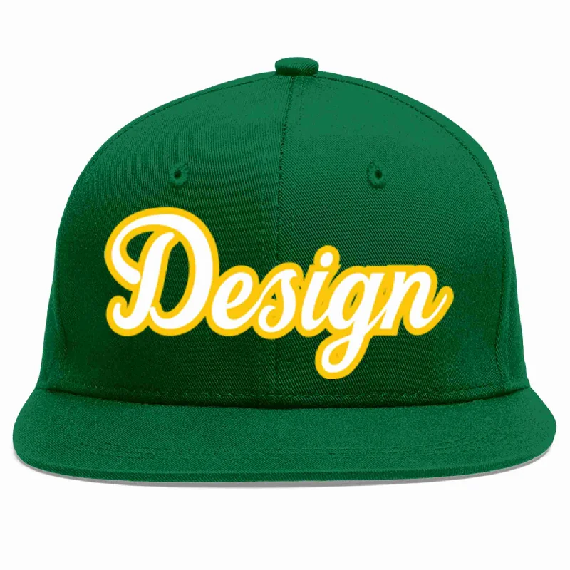 Baseball Cap For Professional Teams-Custom Green White-Gold Flat Eaves Sport Baseball Cap Design for Men/Women/Youth